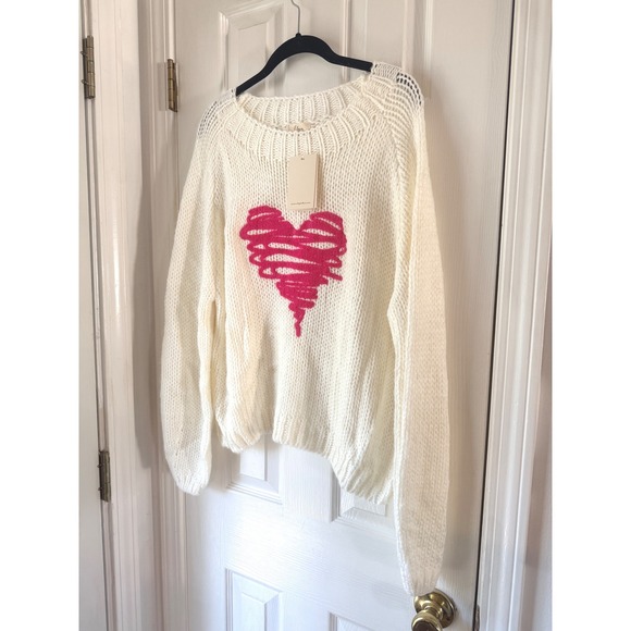Elan Heart Crewneck Sweater Off White Pink Squiggle Heart BD-SWP11468 MEDIUM NEW - Picture 3 of 5